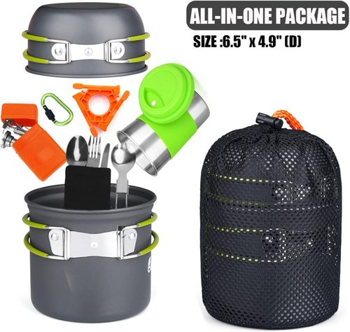 Bisgear Portable Backpacking Stove Canister Stand Tripod Stainless Steel Cup Flatware Mess Kit - Cooking Set - Camping Gear