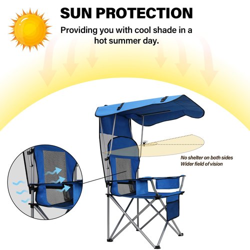 PLKO Camping Chairs with Canopy, Portable Quad Lawn Chair for Adults, Folding Recliner Chair with Cup Holder Outdoor Events and Shade- Support 330 LBS，Light Blue