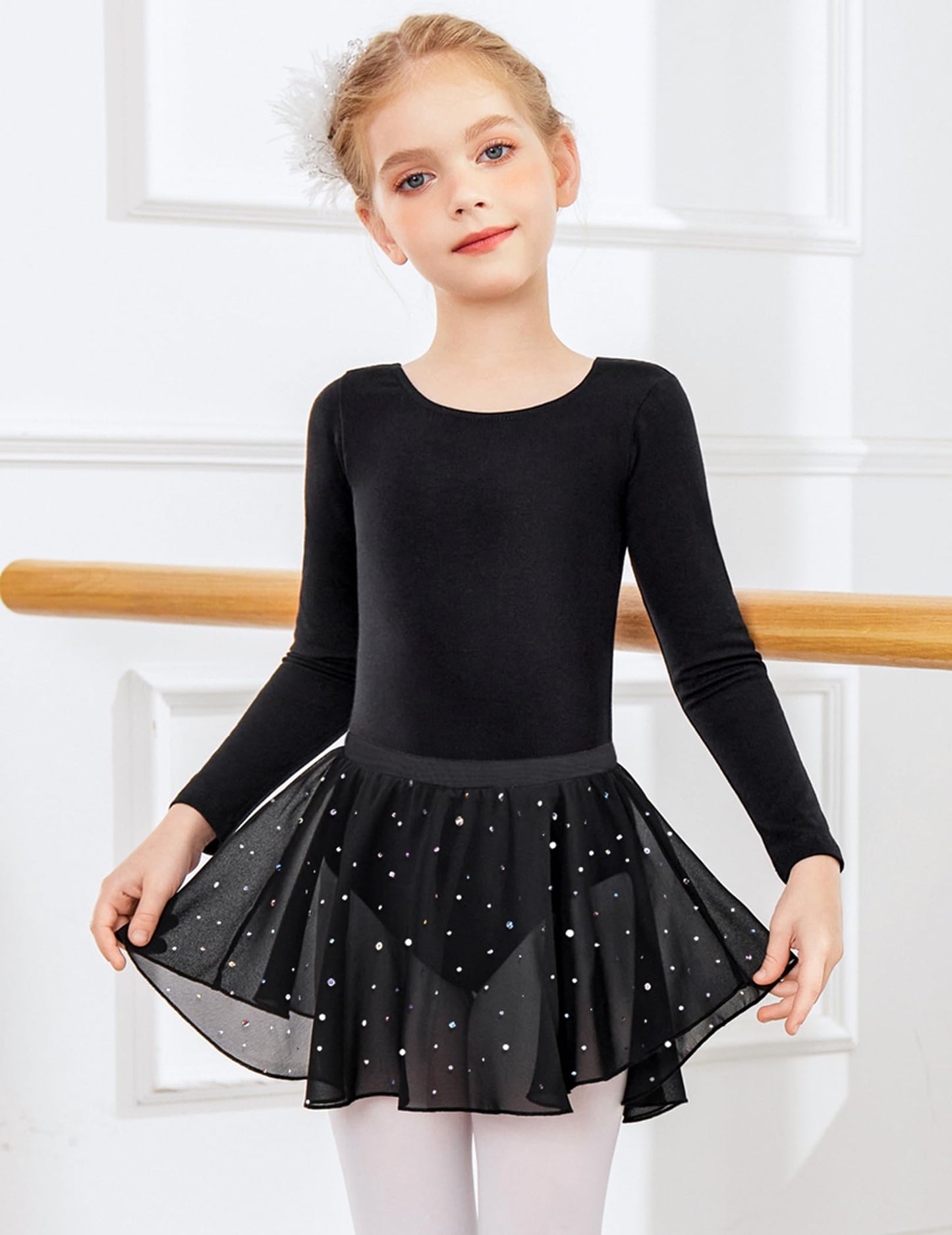 Zaclotre Girls Ballet Leotards Toddler Long Sleeve Crisscross Back Dance Dress Outfit with Removable Shiny Skirt Combo