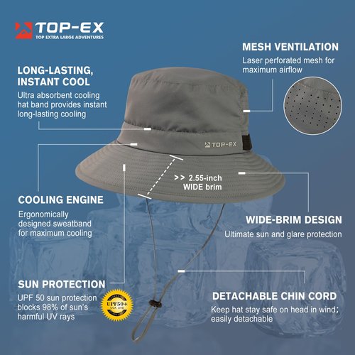 Mens Wide Brim Golf Bucket Cooling Sun Hat XL XXL SPF UV Protection Boonie Sunhat Summer Hiking Outdoor Fishing Extra Large Size 8 24" Grey