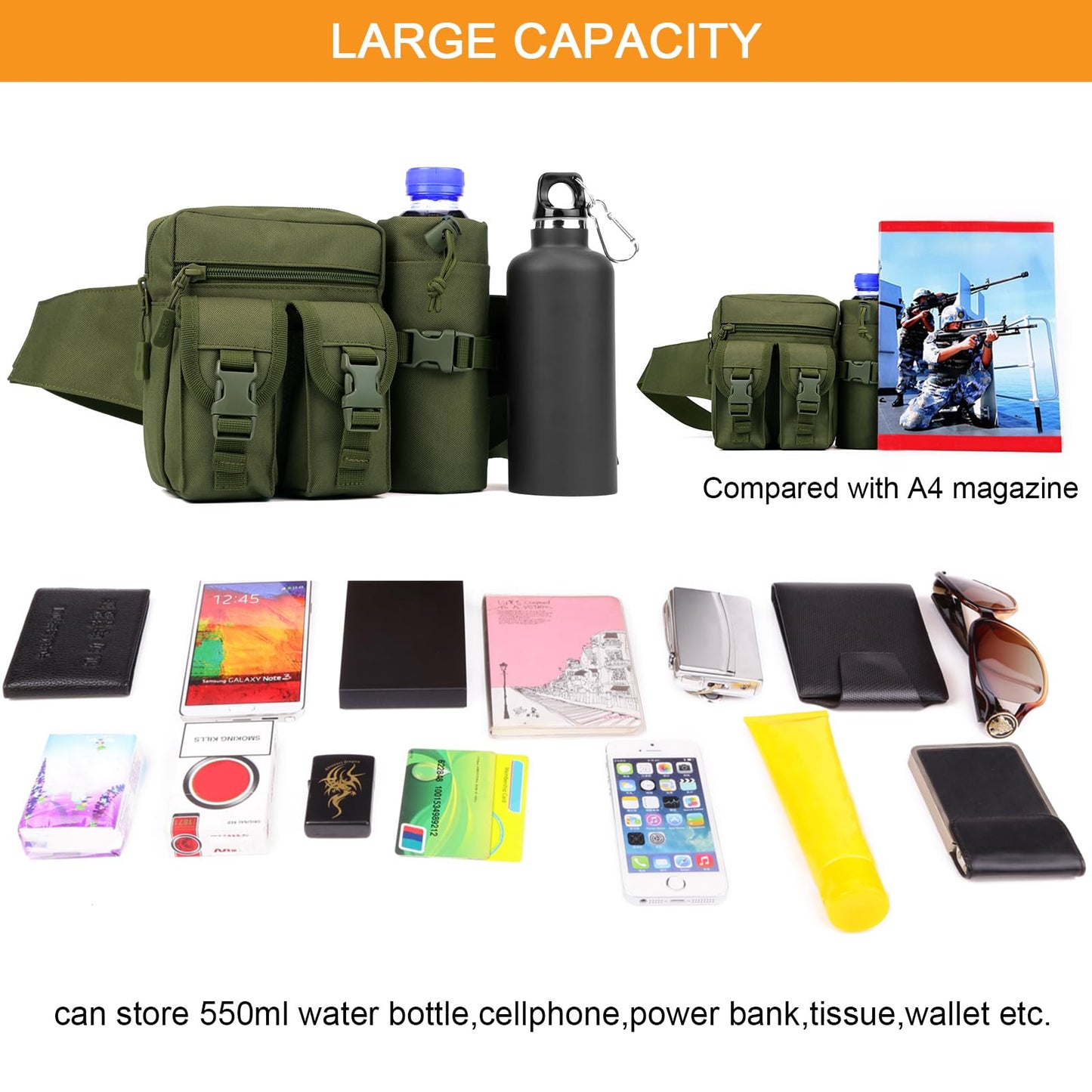 Huntvp Tactical Waist Pack Pouch With Water Bottle Pocket Holder WR Molle Fanny Hip Belt Bag (Army Green)