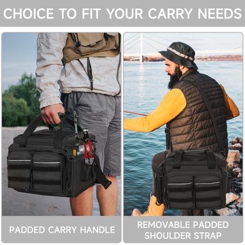 LASUK Fishing Tackle Bag, 600D Water-Resistant Soft Tackle Box Case, Fishing Gear Storage Bag for Saltwater or Freshwater Fishing Gear, Waterproof Bottom