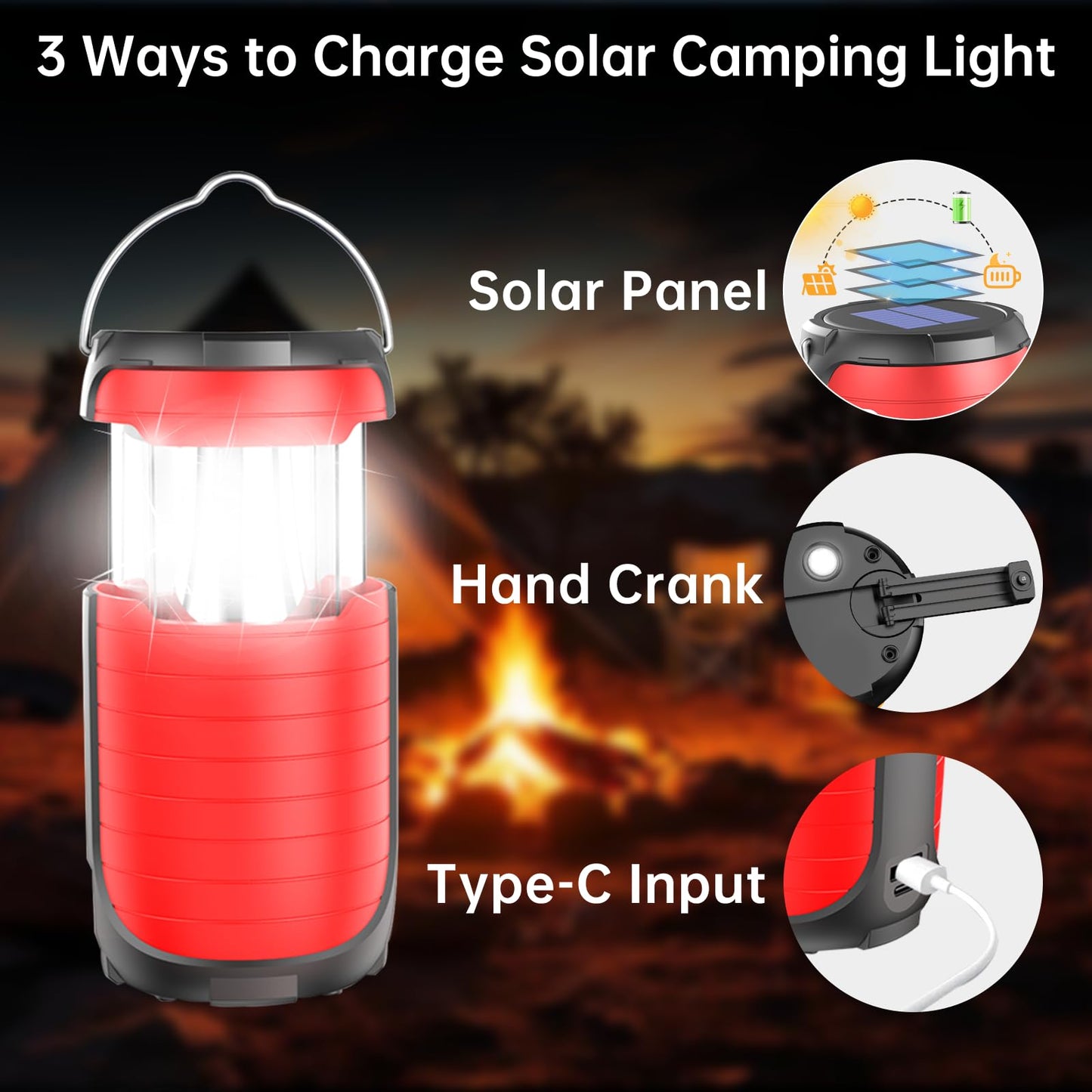 5000 Large Capacity Solar Hand Crank Flashlight with 8H Play Time, Survival Light, USB Charger for Cellphone, Portable Solar Camping Light,Electric LED Camping Lantern for Emergency (red)