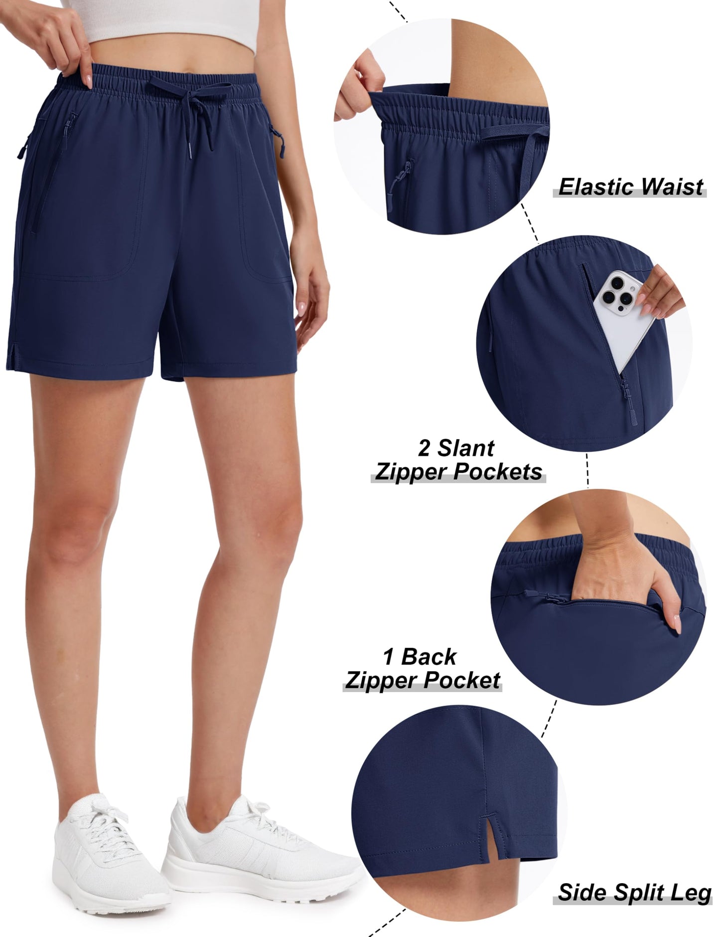TACVASEN Women's Hiking Golf Shorts 5" Quick Dry Lightweight Athletic Summer Shorts UPF 50+ Active Waterproof Zipper Pockets Outdoor Navy L