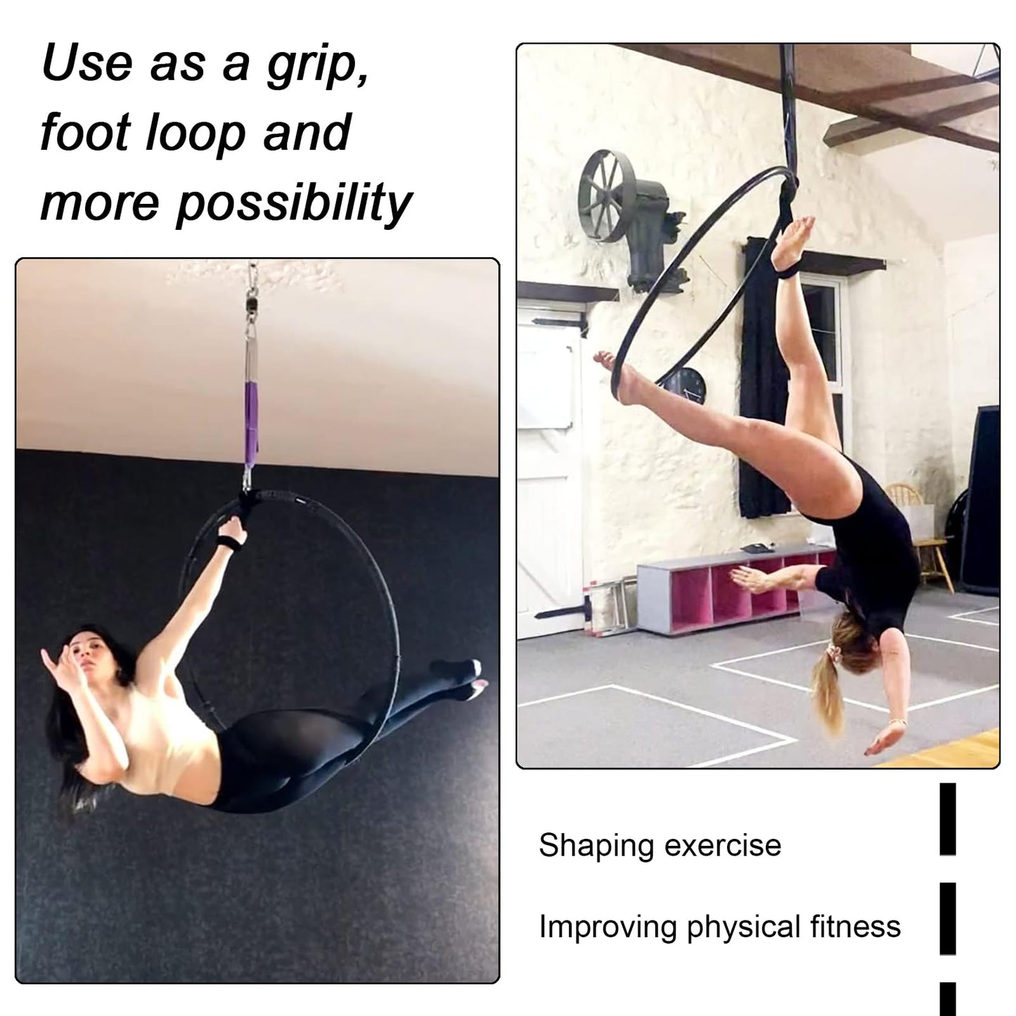 PRIOR FITNESS Upgraded 17.71" Lyra Aerial Hoop Hand Loop Strap Noose for Yoga Aerial Acrobatics Strength Training Black