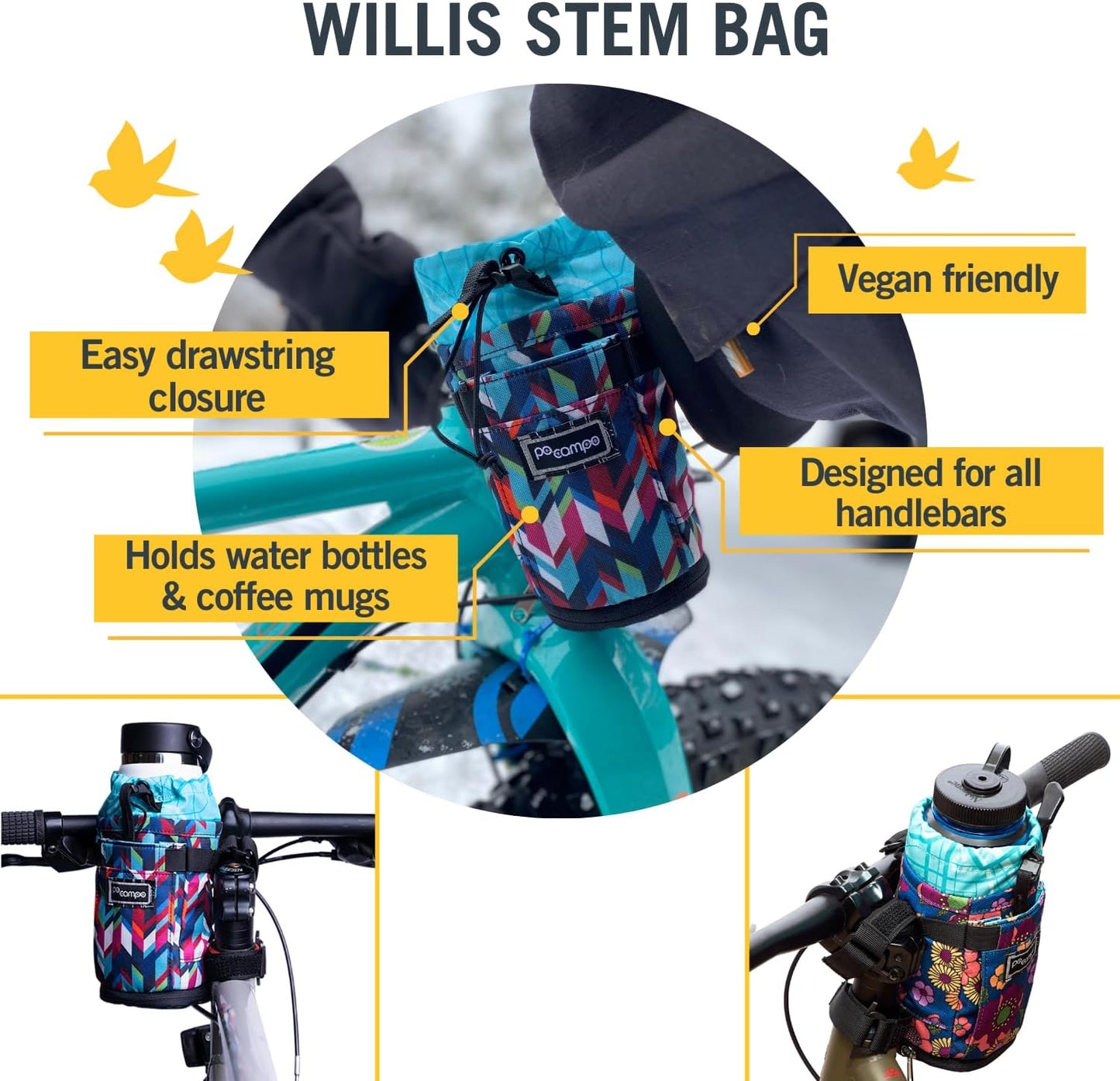 Po Campo Bags Bike Accessories – Willis Stem Bag – Bicycle Stem Pouch for Bike Handlebar Bag – Drawstring Feed Bag for Cycling and Bikepacking (Meadow)
