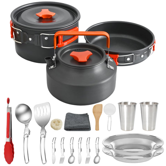 JUSFANE 20Pcs Camping Cookware Mess Kit, Non-Stick Lightweight Camping Pots and Pans with 1.1L Kettle, 2 Set Stainless Steel Cups Plates Forks Knives Spoons for Backpacking, Hiking, Outdoor Cooking