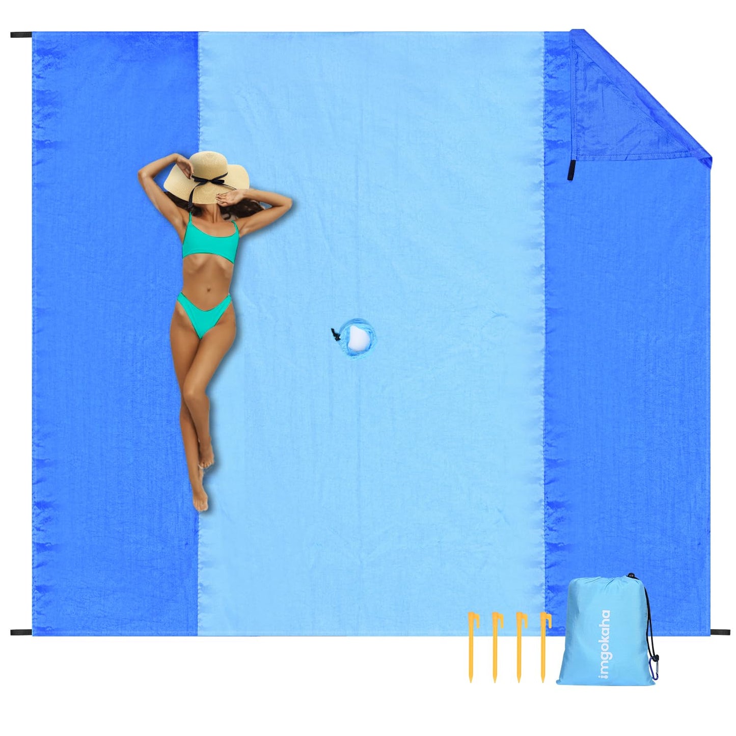 imgokaha Beach Blanket with Umbrella Hole, Large Beach Blanket Waterproof Sandproof, Comfortable Nylon Beach Mat Lightweight with 4 Stakes & 4 Corner Pockets Blue 7FT