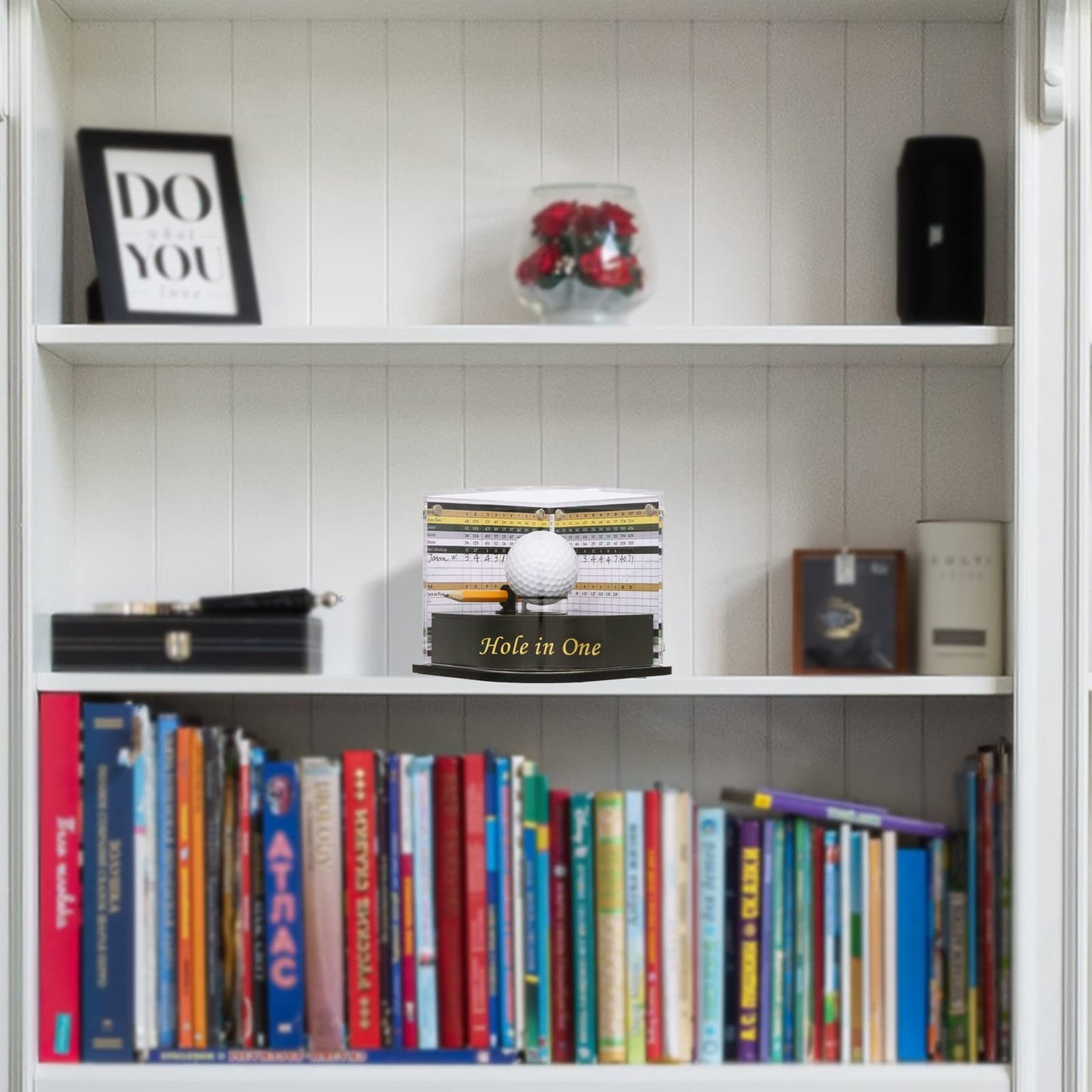 Golf Ball Display Case for Hole-in-One Golfer. Black Ball Throne with Golden Stamp. 2X Background Frames on Each Side of Cambered Cover. Pencil Holder, Glue Dots are All Included, No Assembly