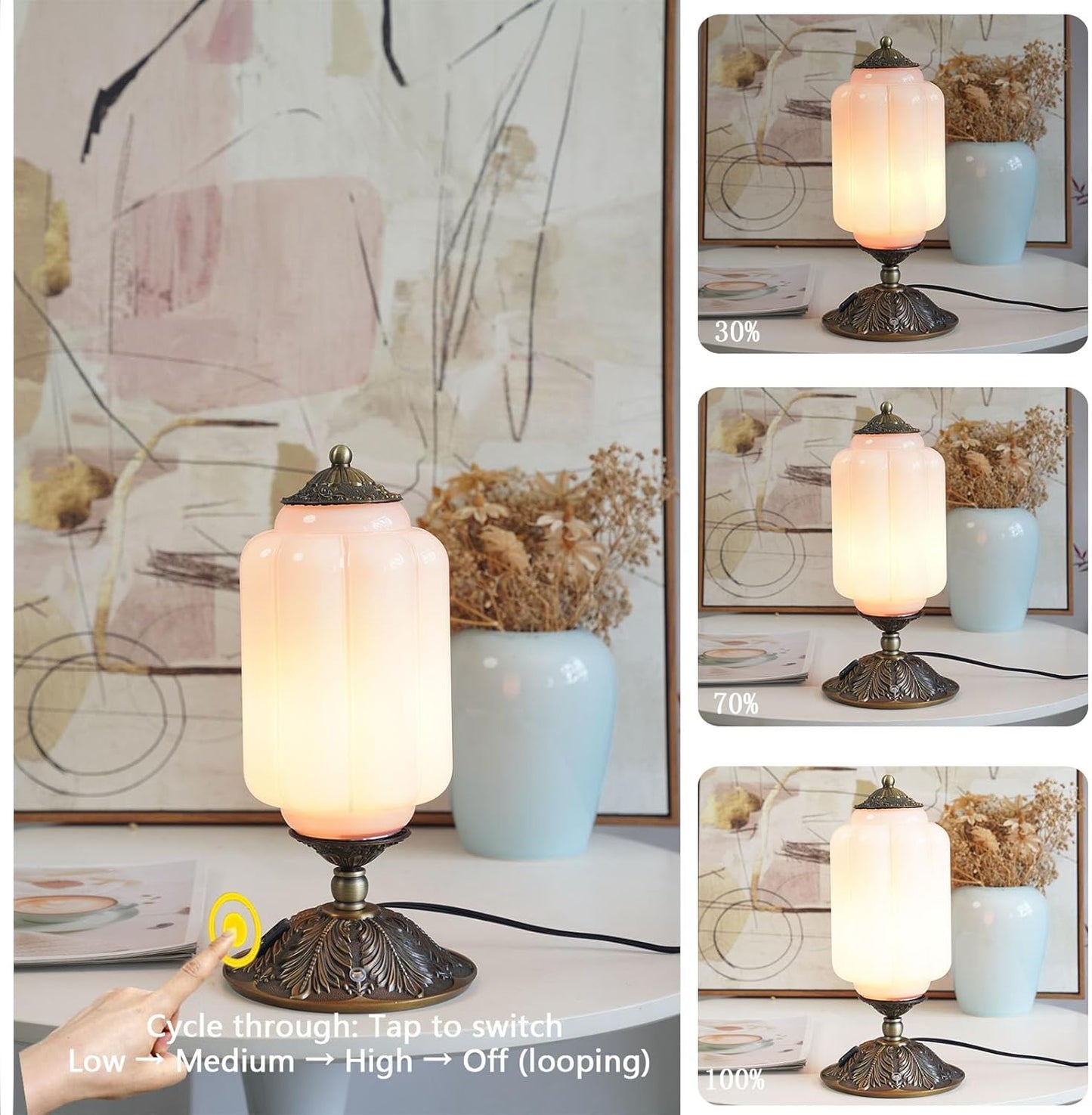 Milk Glass Touch Table Lamp, Elegant Green Jadeite Glass Bedside Desk Lamp 3 Way Dimmable with USB C+A Charging Ports - Bedroom Nightstand & Living Room Essential, 4W Bulb Included (Green, 6.5)