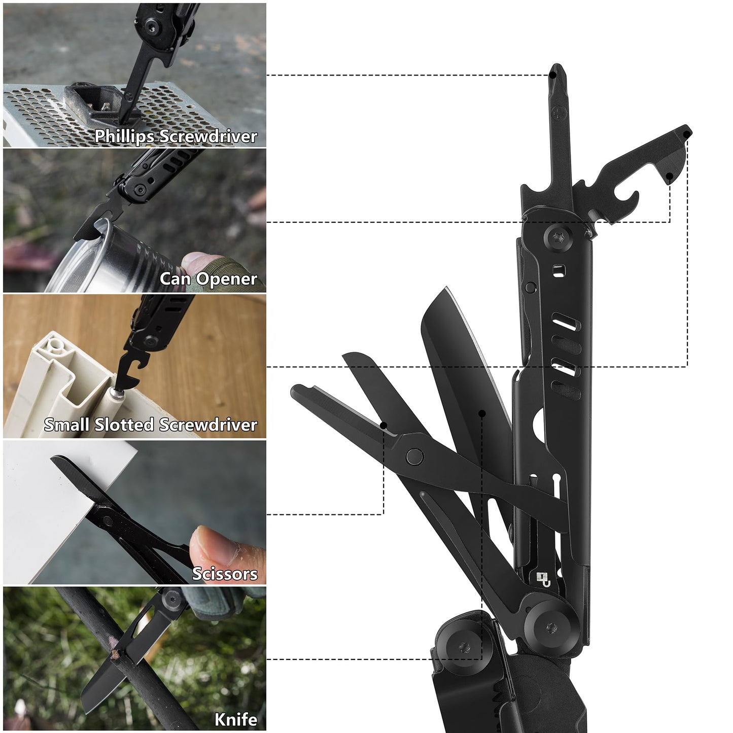 FLISSA 15-in-1 Multi-tool Pliers with Sheath, Portable Pocket Knife with Safety Locking System, Belt Clip and Sheath for Outdoors, Survival, Camping, Fishing, Hunting