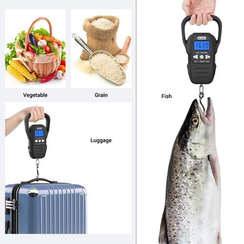 Dr.meter Fish Scale - Upgraded Backlit LCD Display Digital Scale with Built-in Measuring Tape - 110lb/50kg Luggage Scale Fishing Scale with 2 AAA Batteries, Large Handle - Fishing Gifts for Men,