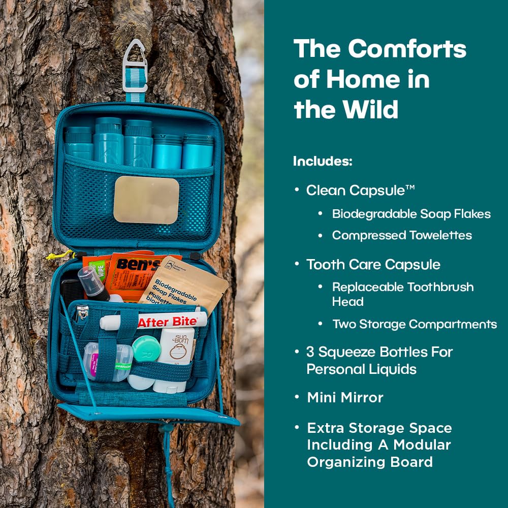 Adventure Ready Adventure Hanging Toiletry Kit - Camping Toiletry Bag with Soap Flakes, Compressed Towelettes, Toothbrush, Mirror & More