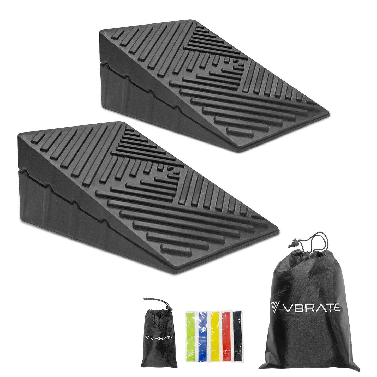 Adjustable Non-Slip Rubber Slant Board for Squats (4PC Squat Wedge Blocks) with 5 Resistance Bands – Heel Elevated Calf Stretcher & Calf Raise Block for Strength Training, Mobility & Balance