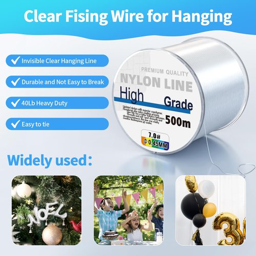 Clear Fishing Wire, 1640FT Fishing Line Clear Invisible Hanging Wire Strong Nylon String Supports 40 Pounds for Balloon Garland Hanging Decorations