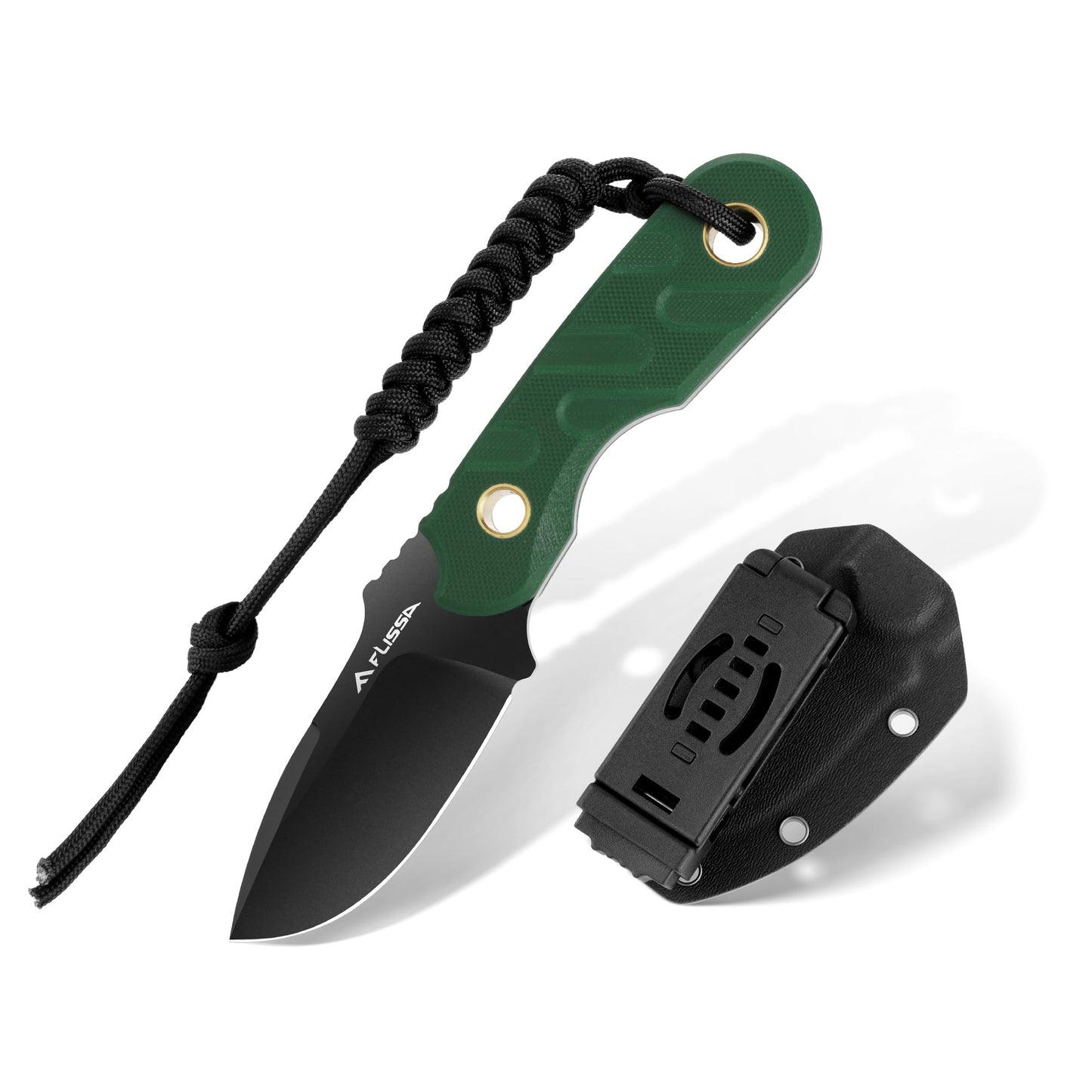 FLISSA Fixed Blade Knife, 7 Inch Full Tang Hunting Knife with G10 Handle, Kydex Sheath and Emergency Rope for Tactical, Survival, Camping, Hiking(Green)