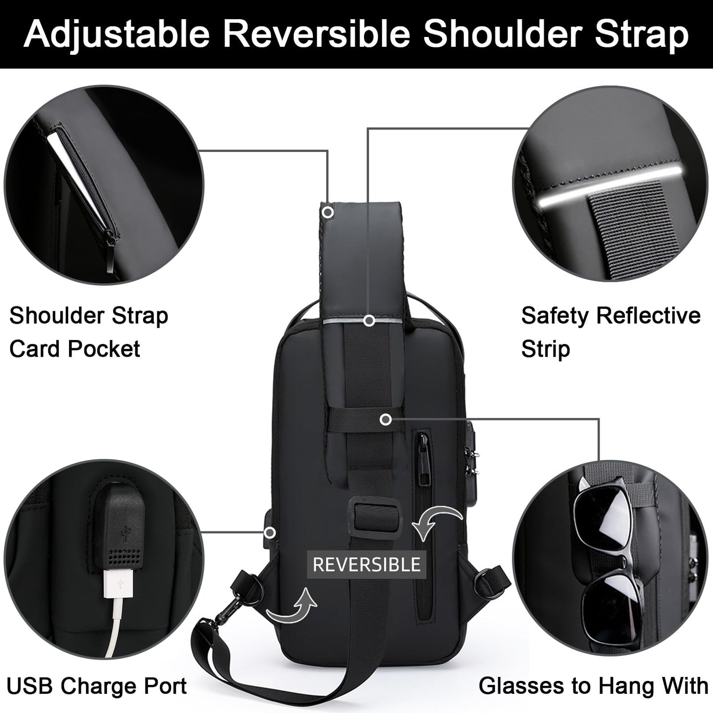 ISDULA Sling Bag for Men Anti-Theft USB Crossbody Bags Waterproof Chest Daypack Waterproof Shoulder Backpack (Black)