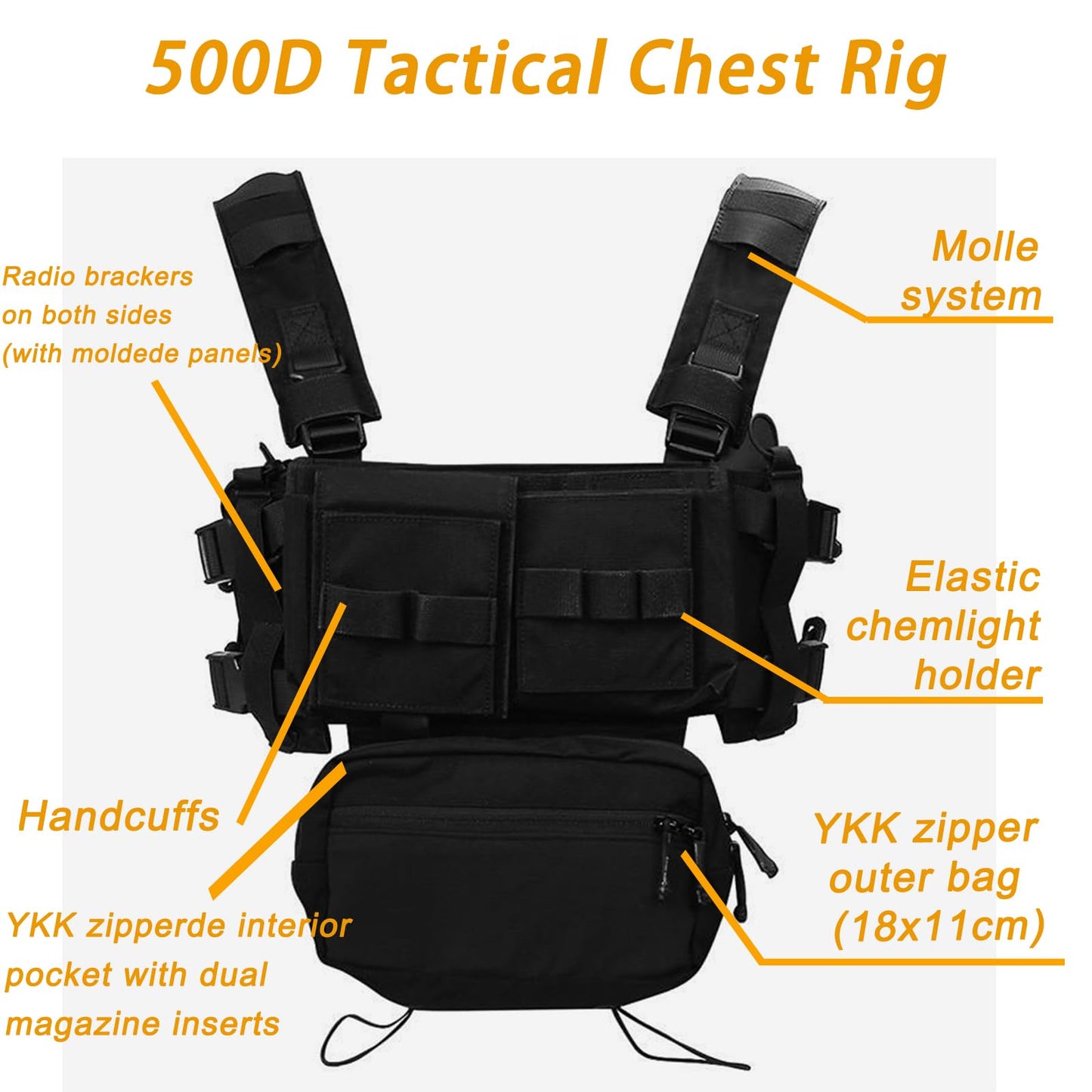 Airsoft Molle Chest Rig with YKK Zipper Mag Pouches Modular Micro Tactical 500D Nylon Vest for Hunting Training Cosplay Adventure Sports (Black)