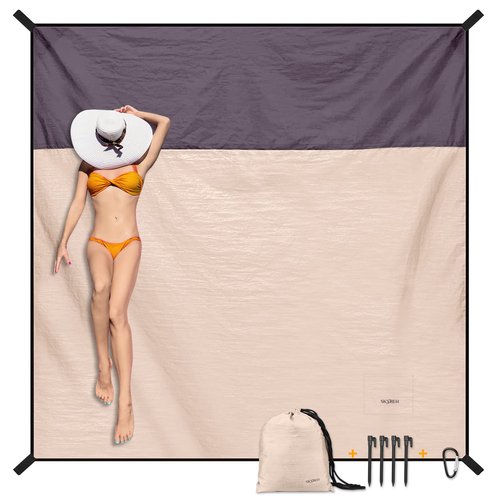 SKYREH Beach Blanket Waterproof Sandproof Large Beach Mat 79" X 87", Quick Drying Durable Portable Lightweight Outdoor Nylon Picnic Blanket for Travel Camping Hiking, Champagne Gold
