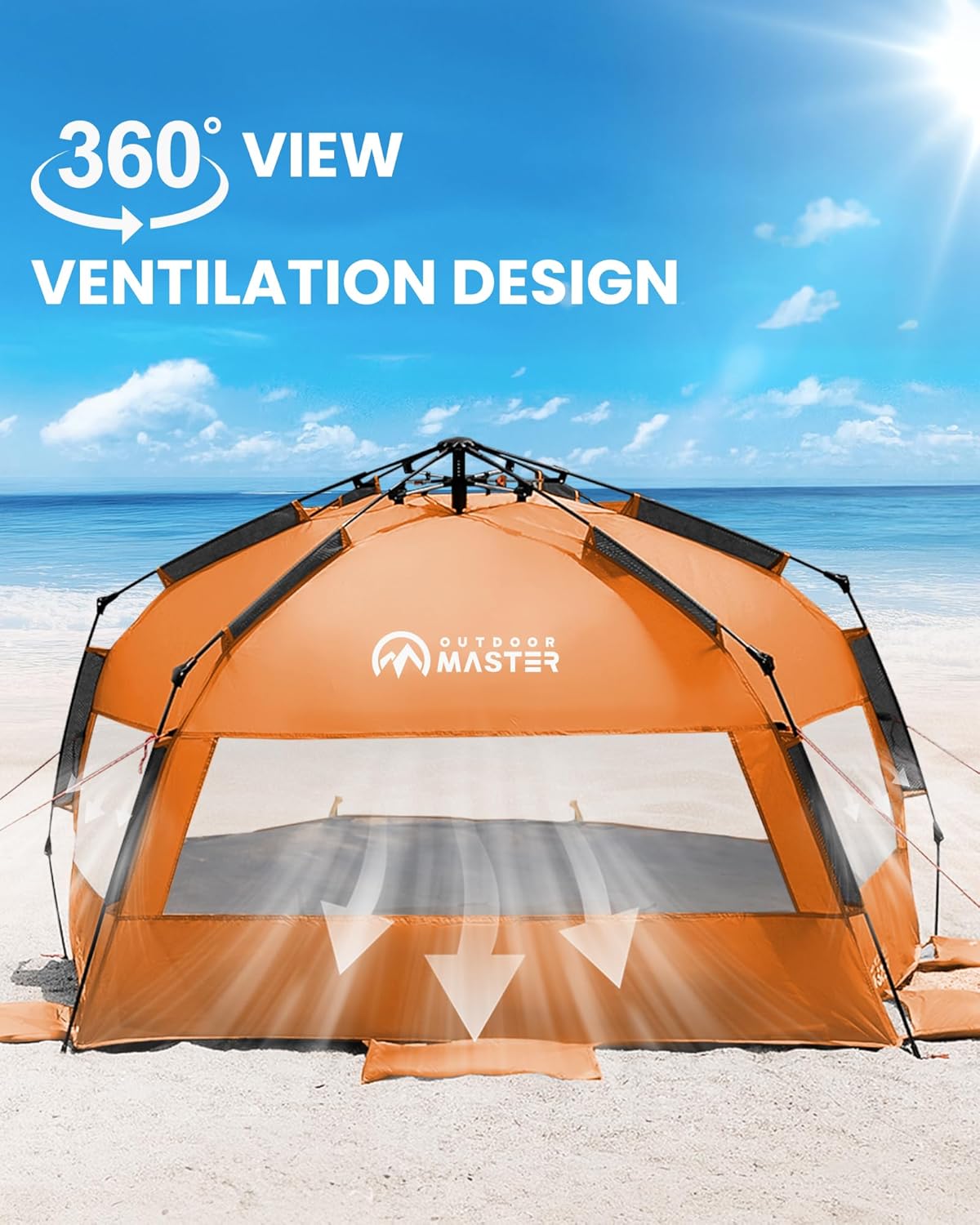 OutdoorMaster Beach Tent Sun Shelter for 3-4 Person, Pop Up Beach Tent Easy Setup with Sandbags, Portable Sun Shade Canopy with Carrying Bag for Beach & Outdoor, UPF50+ UV Protection, Family Size