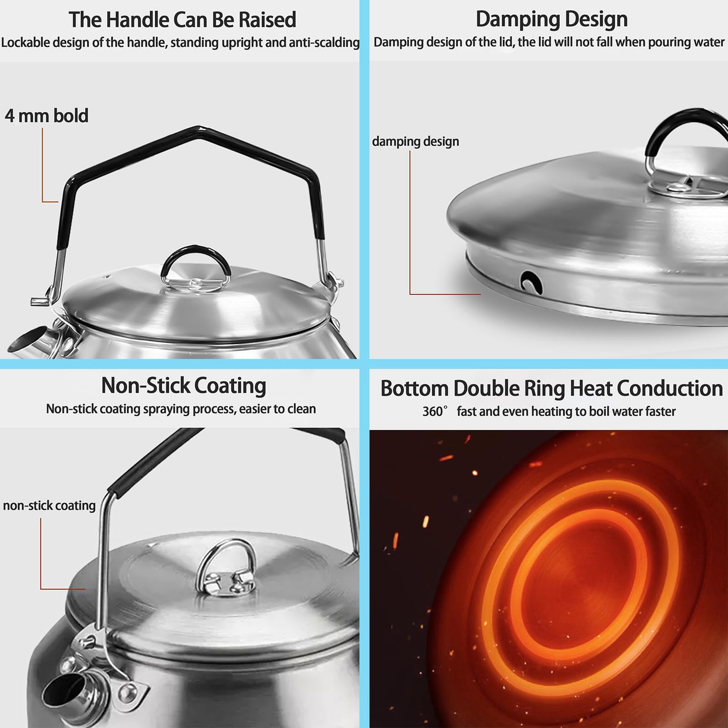 3PCS Camping Kettle Outdoor Campfire Camp Kettle Set with 2 Cups, 1L Stainless Steel camping tea kettle Coffee Pot, Portable Lightweight Teapot, Ideal for Hiking Picnic Travel, Silver