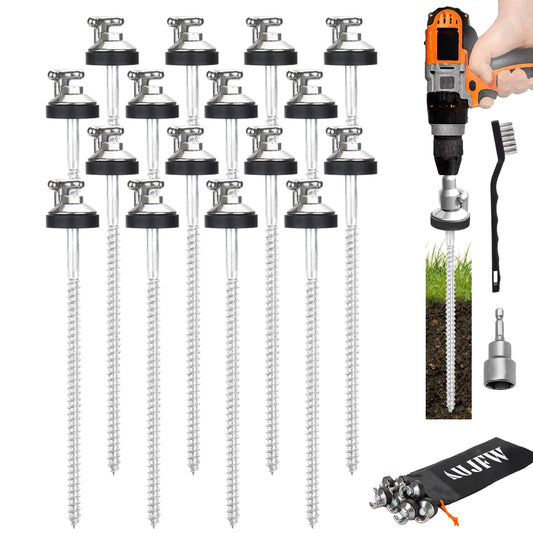 16 Pcs 12" Drillable Tent Stakes, Hex Pegs Stakes, Drillable Threaded Long Hook Top Packs Tent Stakes for Grassland Garden Tents Canopies Awnings Camping Travel (Hex Tool and Storage Bag)