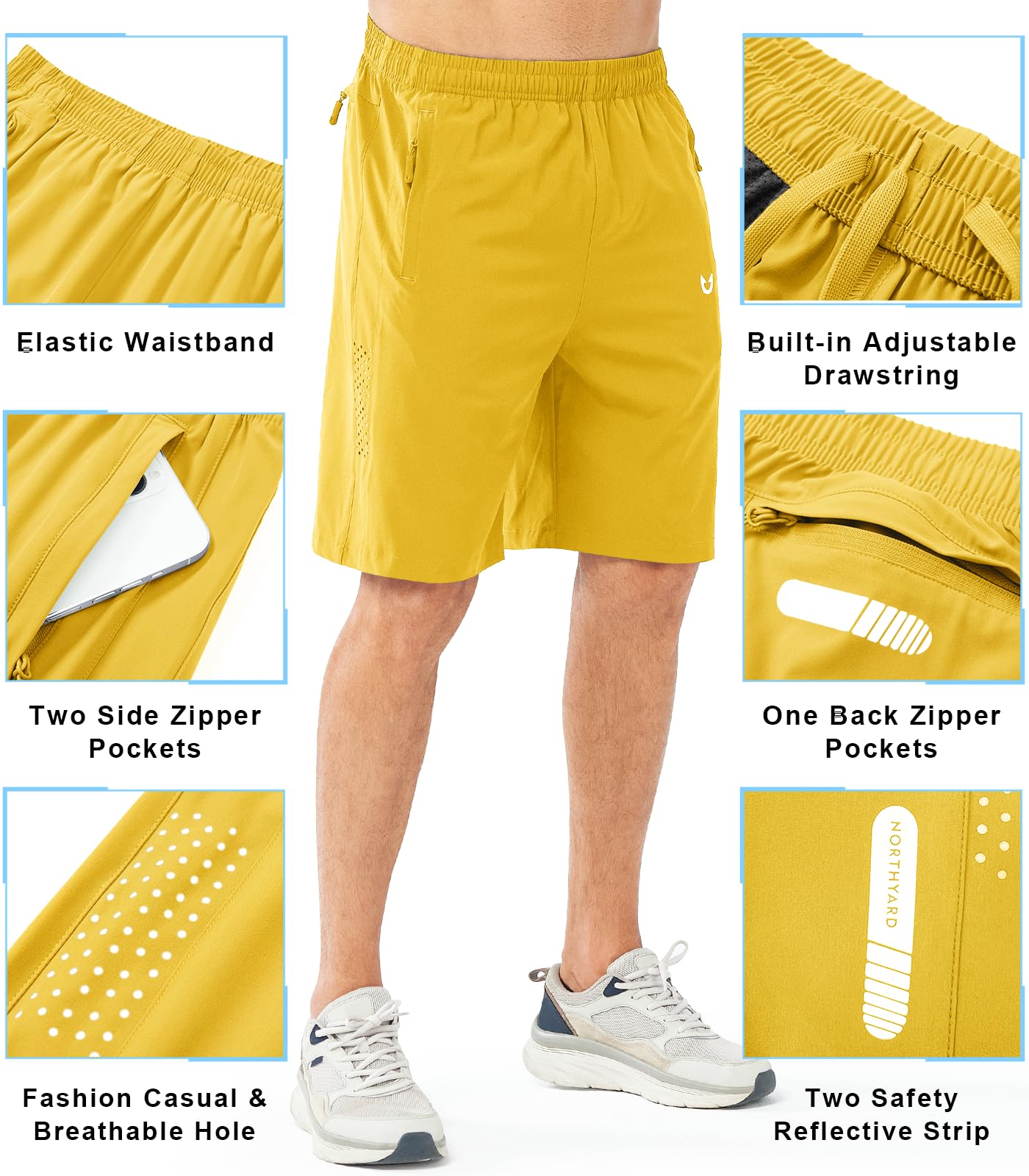 NORTHYARD Men's Athletic Running Shorts Gym Workout 7"/9"/5" Quick Dry Lightweight Sports Basketball Tennis 3 Zipper Pockets YELLOW-9inch XL