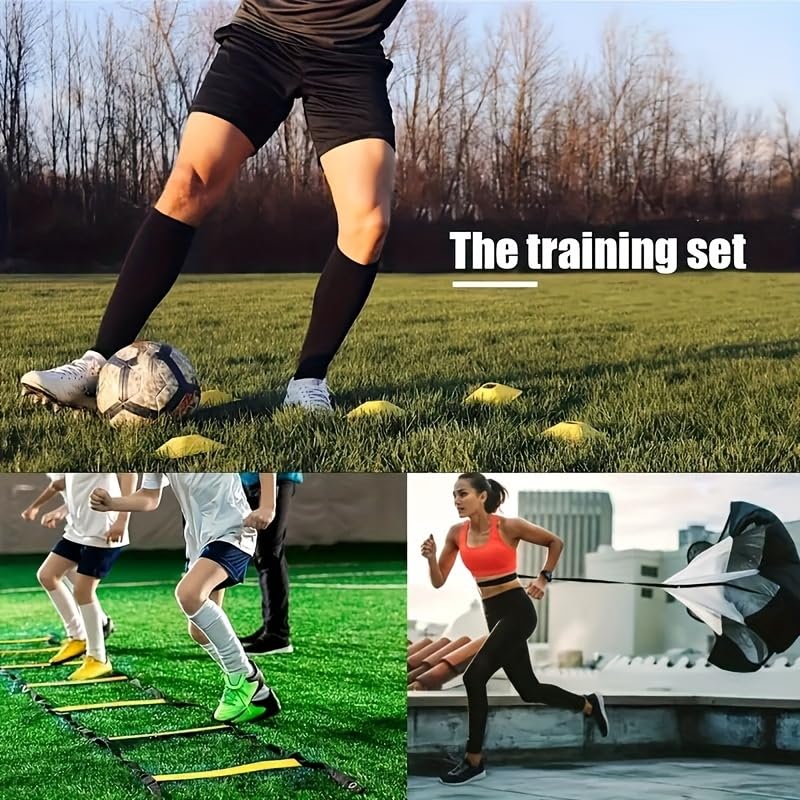 Agility Ladder Speed Training Equipment Set 20ft Agility Ladder, 4 Steel Stakes，12 Soccer Cones, Running Parachute and Carry Bag, Speed Training Equipment for Soccer Football Basketball (Red)