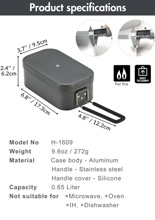 CAMPINGMOON Mess Tin 0.65L Aluminium Camping Cookware Extreme Thick Gray H-1609