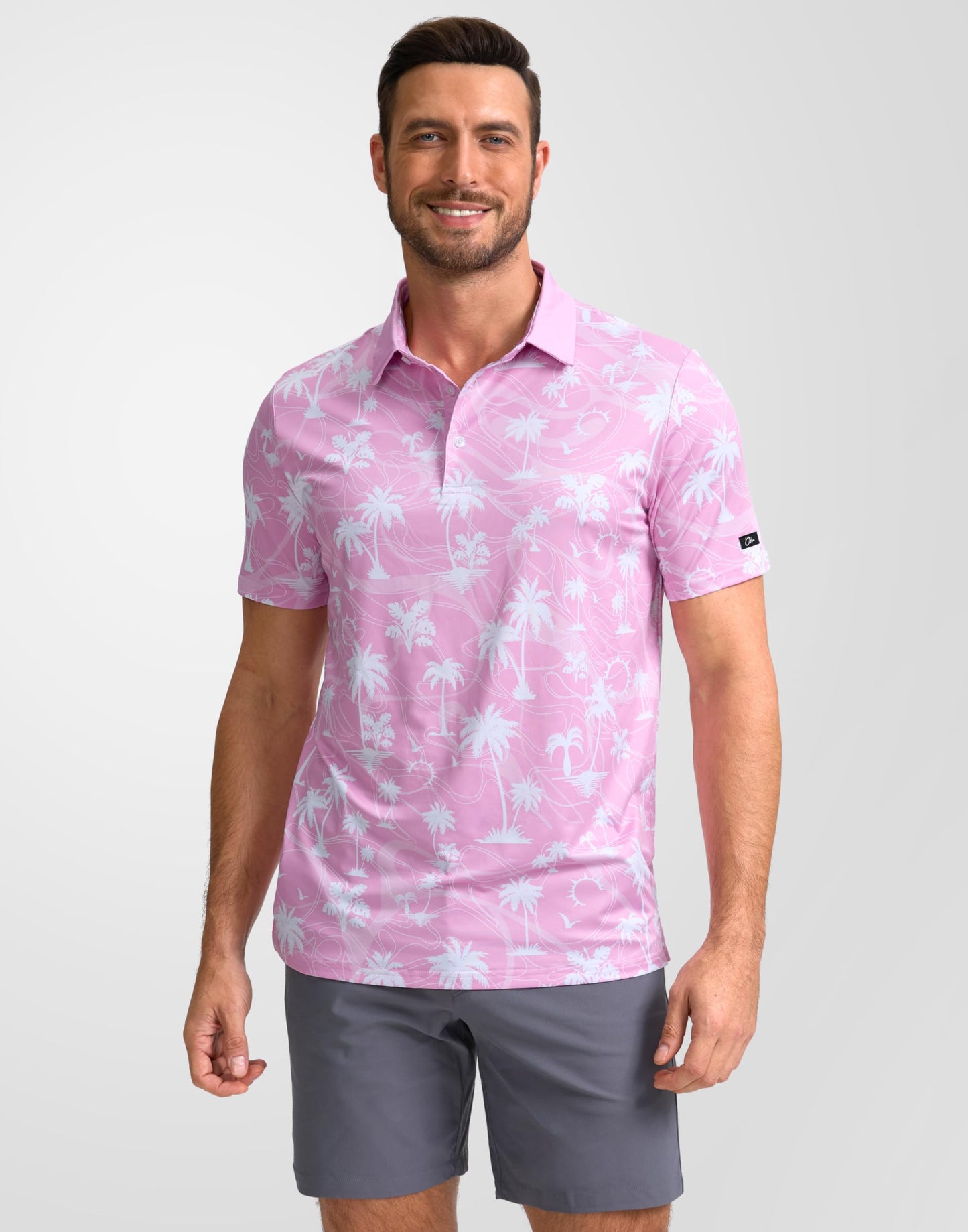 Obla Mens Golf Polo Shirts Short Sleeve Dry Fit Casual Print Collared Golf Shirts Wicking for Men(Pink Coconut Beach_XXL)
