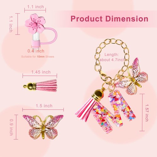 Compatible with Stanley Cup Accessories, Letter Charm and 3Pcs Silicone Straw Cover, 0.4" 10MM Straw Toppers for Stanley 30 40 oz Tumbler, Pink Initial Letter Charm with Butterfly and Tassel, Letter M