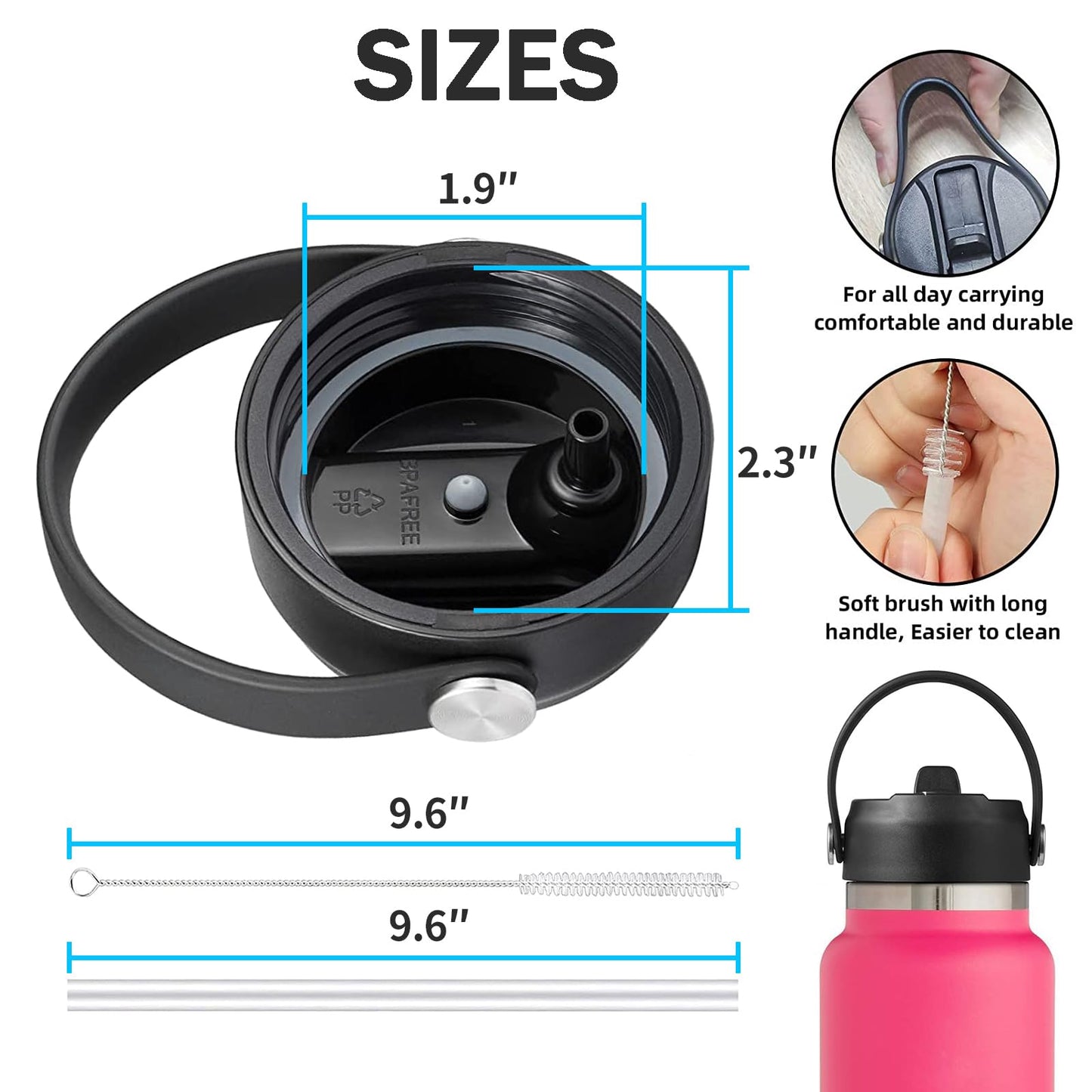 Straw Lid for Hydro Flask, Lids with Straw Compatible with Hydro Flask Wide Mouth 12/18/20/32/40 oz Water Bottles, Leak-Proof Drinking Cap with Replacement Straw, Durable Sport Bottle Lid Accessories