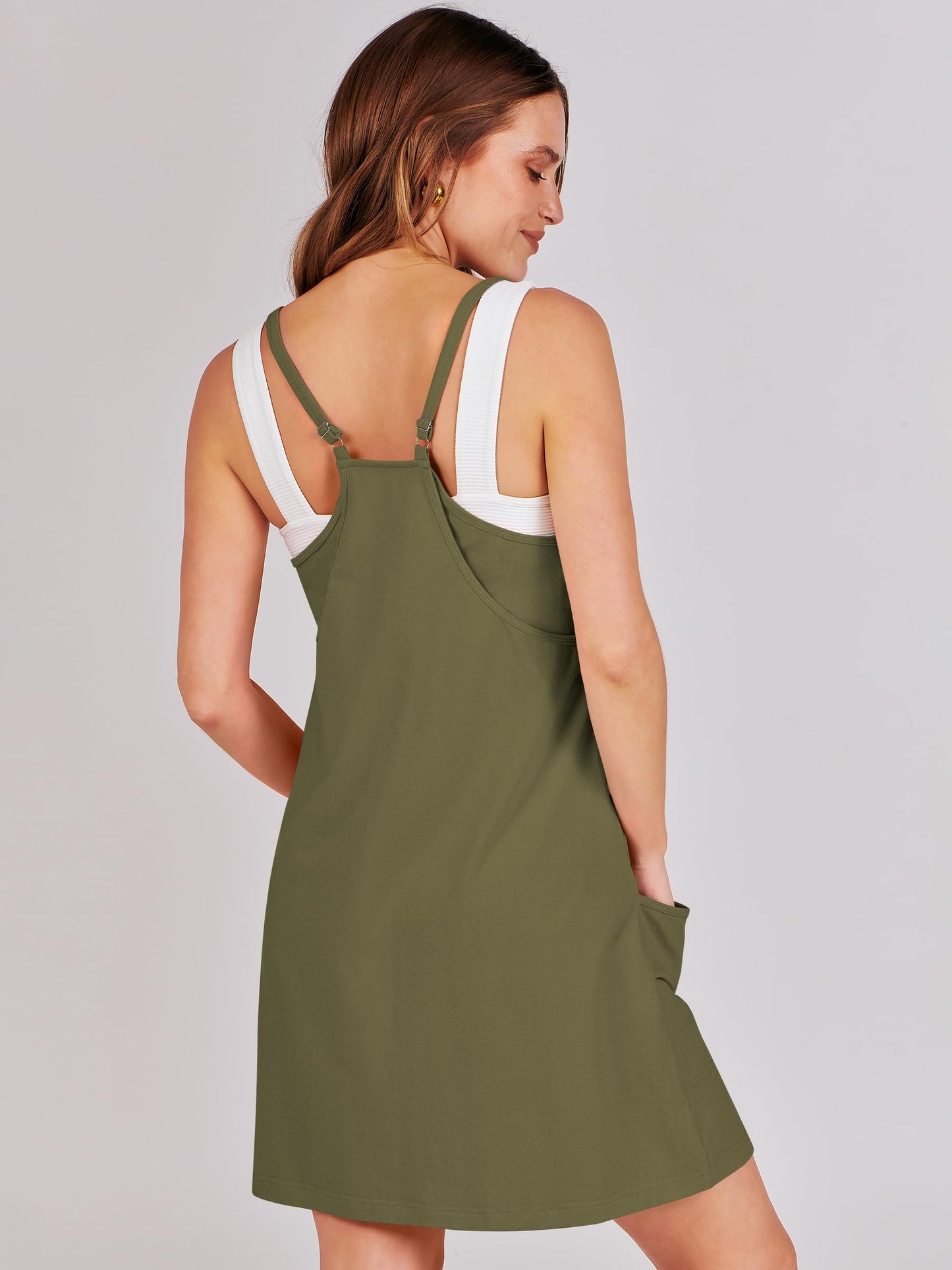 ANRABESS Women Athletic Dress Summer Tennis Workout Active Sports Mini Romper Dress Built in Shorts Travel Vacation Clothes Army Green Large
