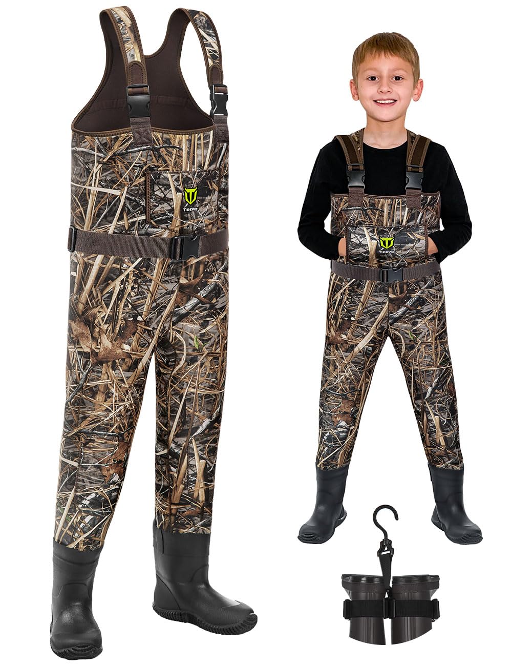 TIDEWE Chest Waders for Toddler & Children, Neoprene Waterproof Insulated Hunting & Fishing Youth Waders for Boy and Girl, Cleated Bootfoot Kids Wader, Next Camo Evos (Size 6)