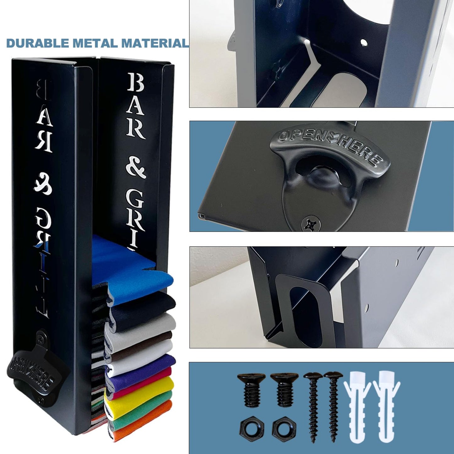 4"x4"x16"Can Cooler Holder with Bottle Opener, Beer Can Sleeves Storage Organizer and Dispenser for Home Family Bar, Metal (BAR)