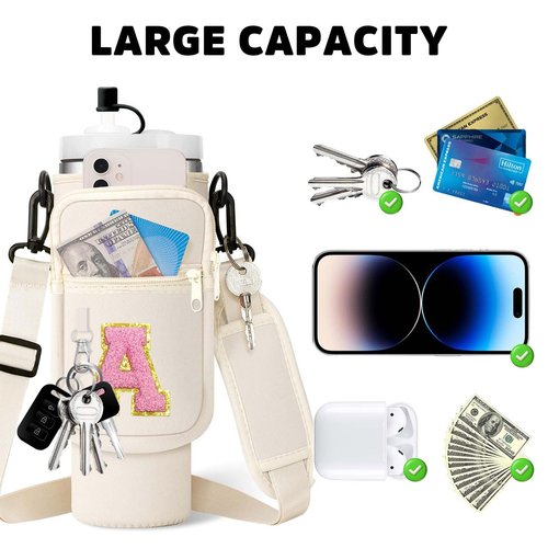 Water Bottle Carrier Bag for Stanley 40oz Tumbler with Phone Pocket, Bafezoze Water Bottle Holder with Strap, Initial Stanley Cup Accessories Letter C