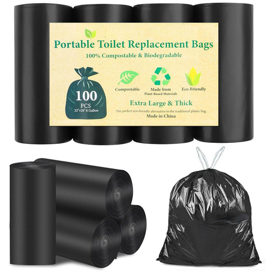 100 PCS Portable Toilet Bags for Camping, Drawstring Biodegradable Porta Potty Bag - 8 Gallon Thickened Waste Bag for 5 Gallon Bucket Toilets, Compostable Bags for Adults (100 Count)