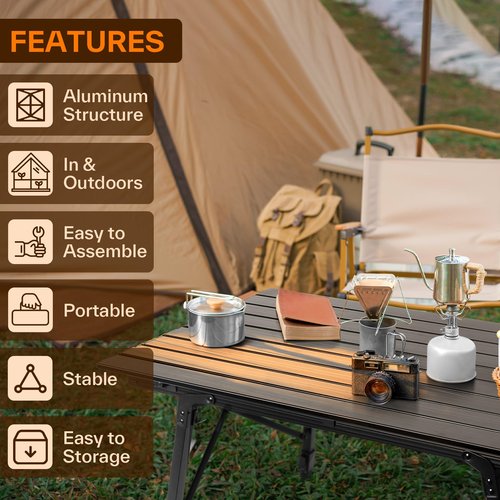 Sportneer Camping Tables That Fold Up Lightweight, Adjustable Height Aluminum Folding Table with Top Mesh Layer, Roll Up Camping Table for Outdoor Camp Picnic Beach RV Backyards Kitchen BBQ