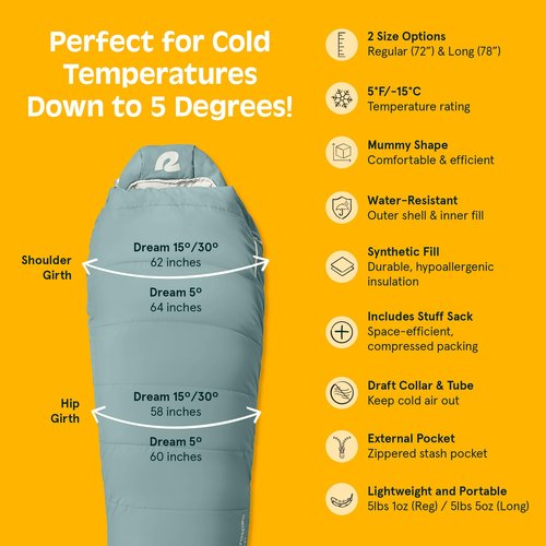 Retrospec Dream 5 Mummy Sleeping Bag - Insulated Cold Weather, Water-Resistant, Adjustable Adult Sleeping Bag