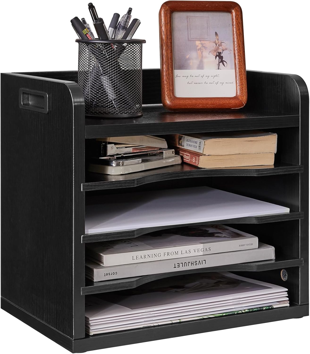YMYNY Desktop File Organizer with Handle, Document Letter Mail Tray Sorter with 3 Adjustable Shelves, 5 Tiers Paper Holder for School Home Office Desk, Rustic Brown,13.4 * 12.4 * 9.06" UHBC006H