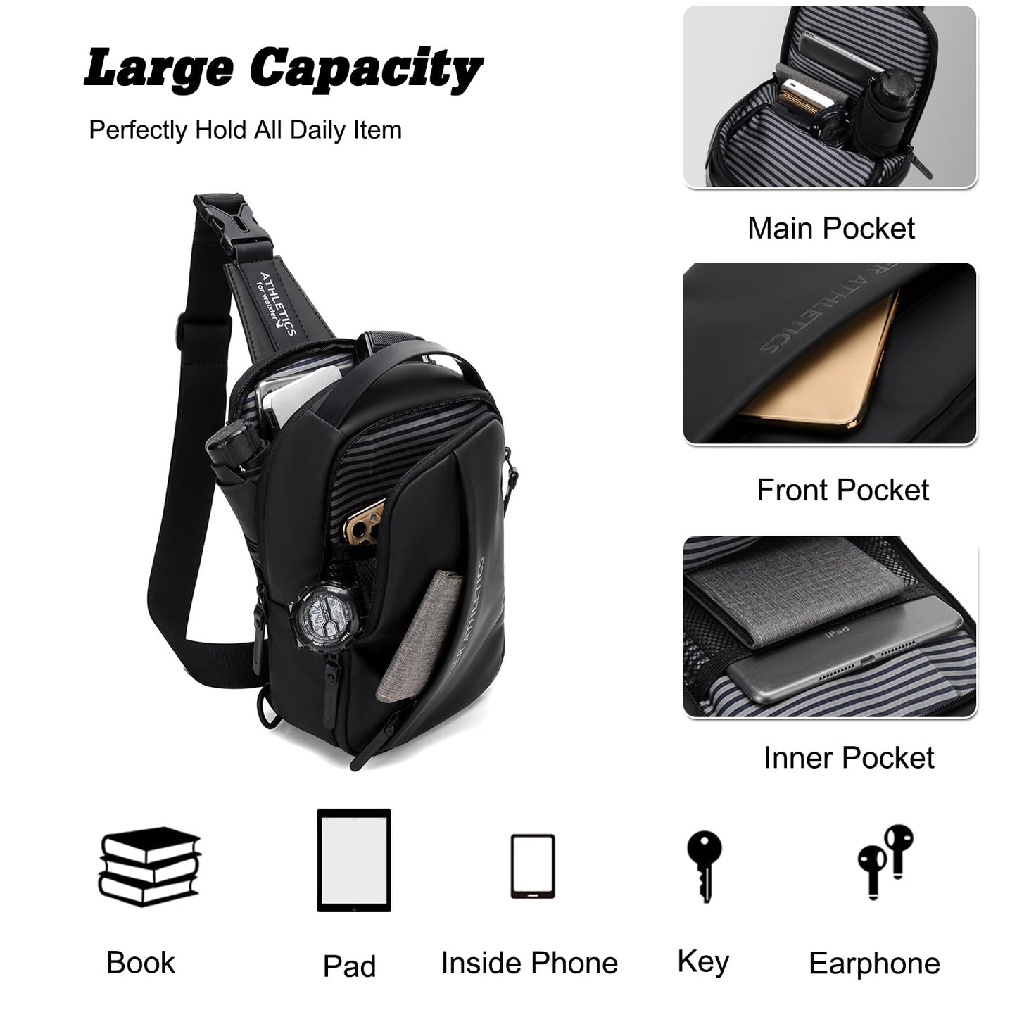 FANDARE Sling Bag Sport Shoulder Bag with USB Charging Port for Women Men Nylon Chest Crossbody pack for Hiking Cycling Travel Outdoor Gym Business Black Brown
