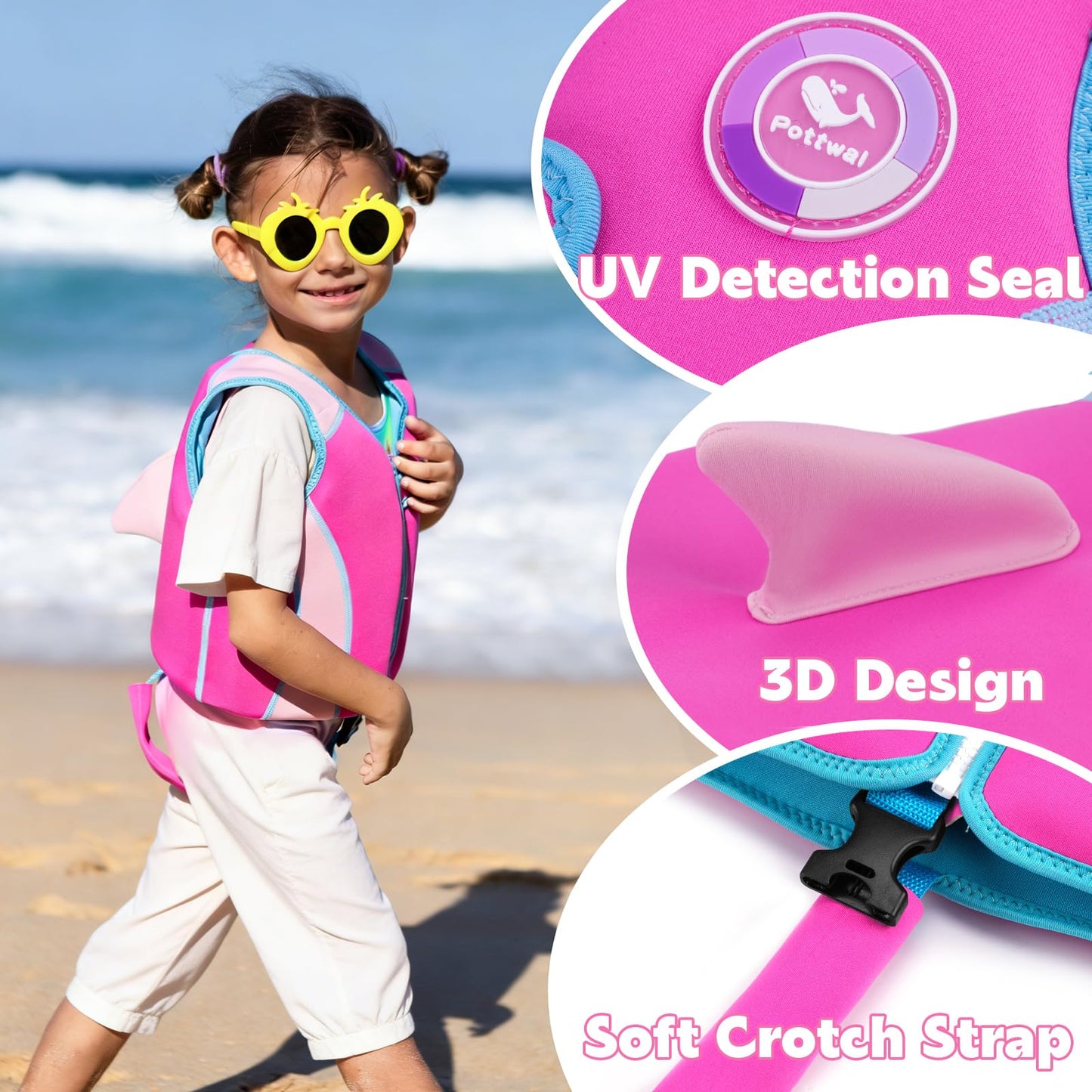 Pottwal Swim Vest for Kids - Swim Jacket for 1-2 Years (24-33LBS Weight) - Puddle Jumper with Adjustable Crotch Strap - Made of Neoprene & EPE - Pink Fish Fin Pattern
