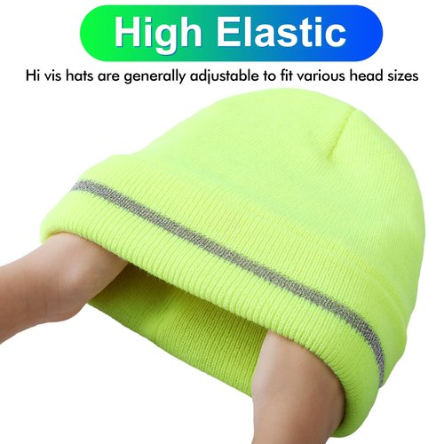 Suhine 4 Pack Men Hi Vis Winter Hats Fleece Lined Hi Vis Beanies with Reflective Stripes Fluorescent Thermal Hats for Outdoor(Neon Yellow)
