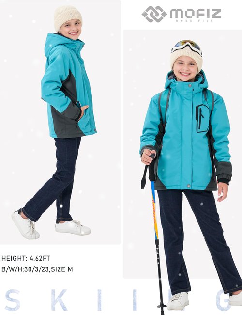 MoFiz Girls Ski Jacket Waterproof Fleece Lined Snowboard Jacket Warm Winter Jackets with Removable Hood Blue M