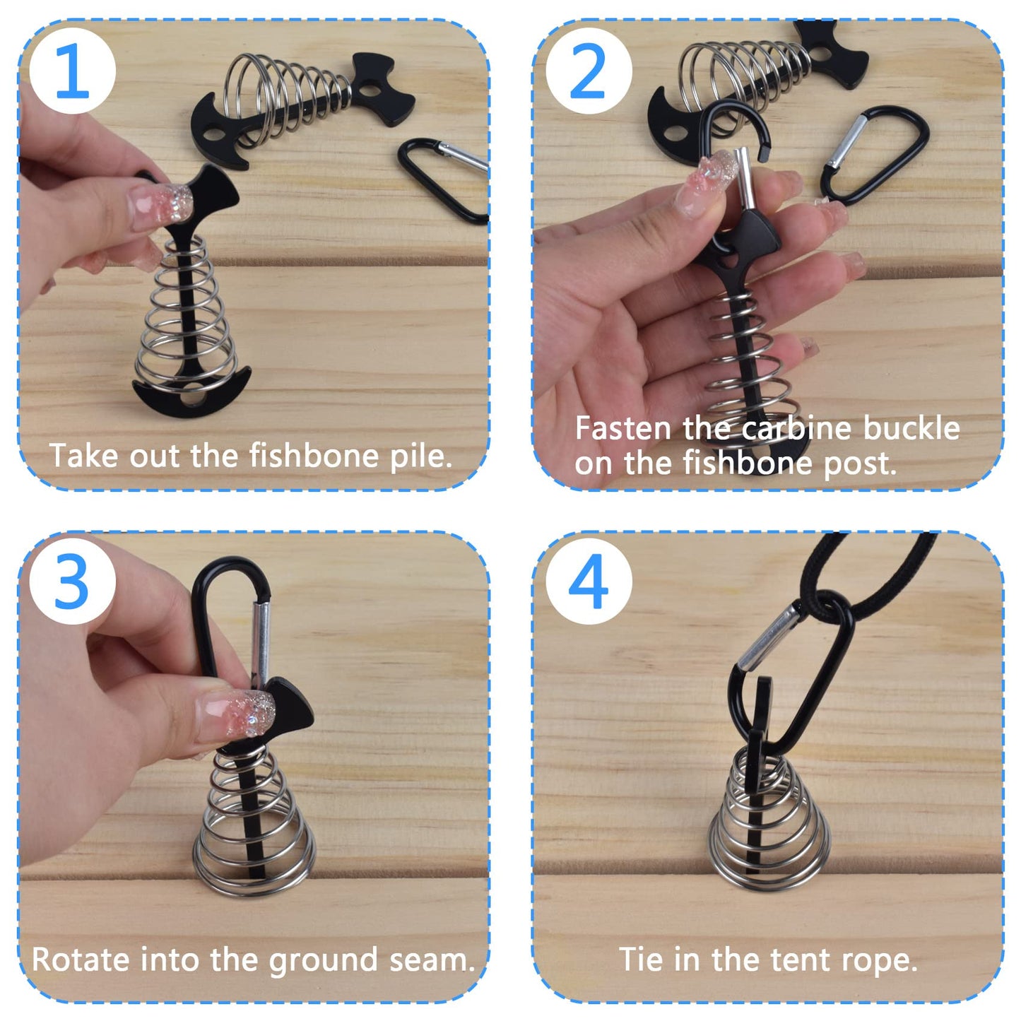 6Pcs Aluminium Alloy Fishbone Deck Anchors with Carabiners, Windproof Deck Anchor Pegs Tie Down Tent Stakes with Spring Buckle, Adjuster Tensioner Set for Furniture Camping Hiking (Black)