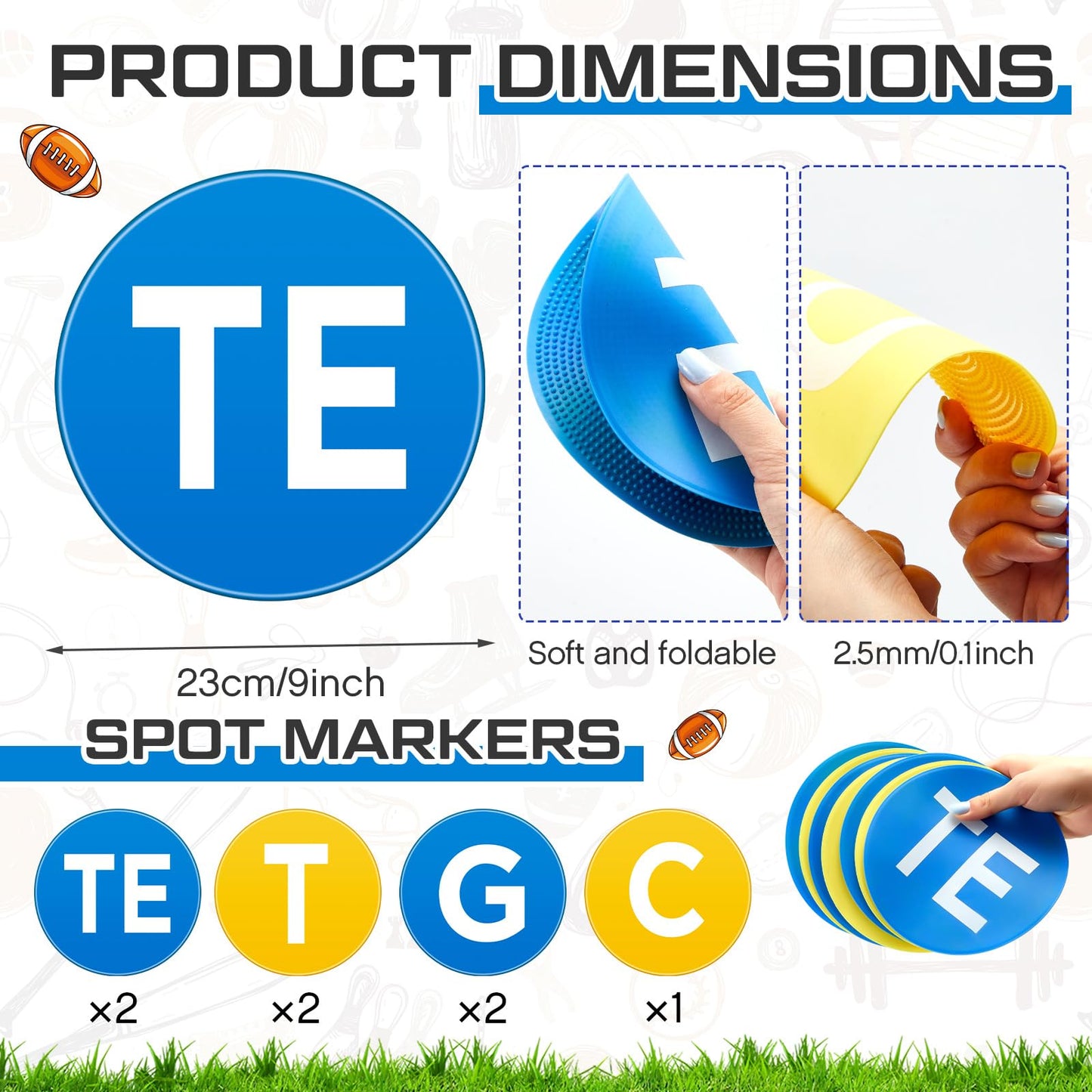 Fuyoooo 7 Pcs Football Lineman Split Marker Players Floor Spot Markers Playing Field Marking Equipment Alignment Offensive Defensive Positions Dots for Drills and Training Teaching Classroom, 6 Inch