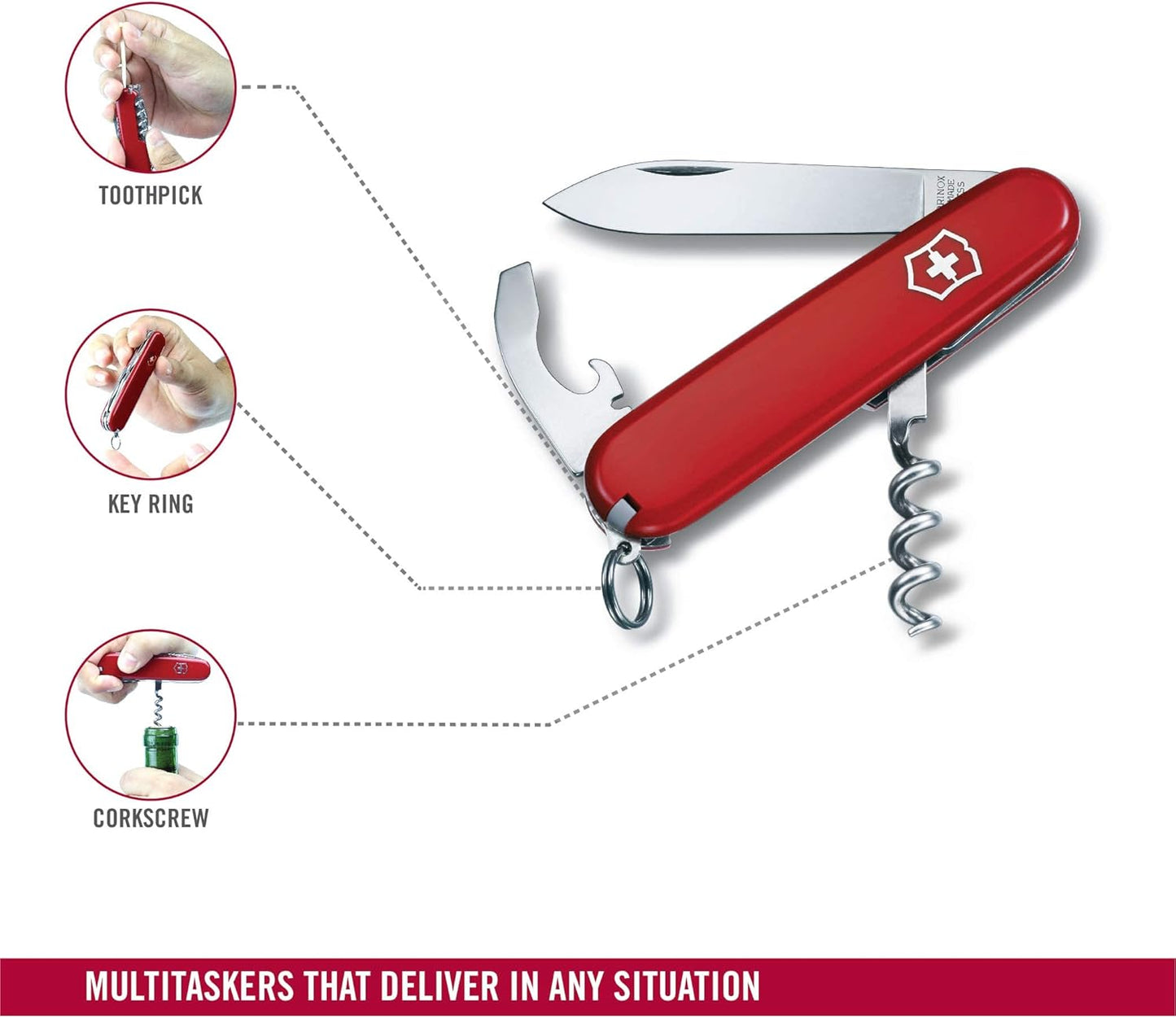 Victorinox Waiter Swiss Army Knife, 9 Function Swiss Made Pocket Knife with Large Blade, Corkscrew and Bottle Opener - Red