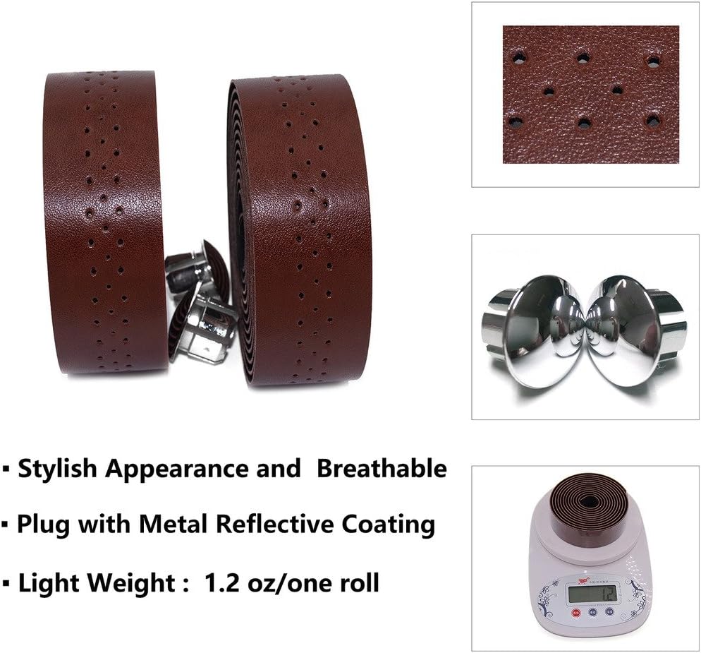 KINGOU Handlebar Tape Luxury PU Leather Bar Tape Fixed Gear/Road Bike Bar Wrap with 2 Reflective Plug