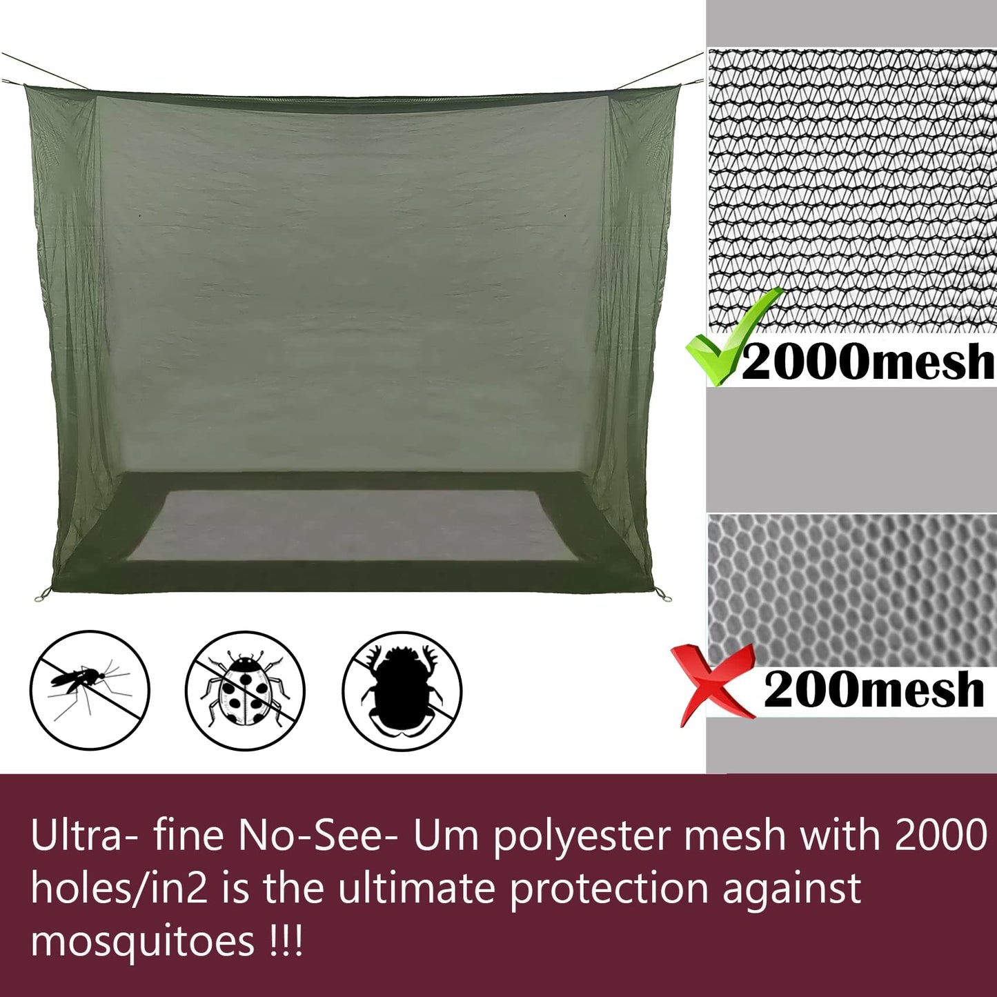 Aventik No-See-Um Premium Rectangular Camping Mosquito Net, The Ultra-Fine Mesh Olive-Green Easy to Carry&Easy Installation for Double Bed, Hammocks or Camping Use (82x40x69in/208x100x175cm)