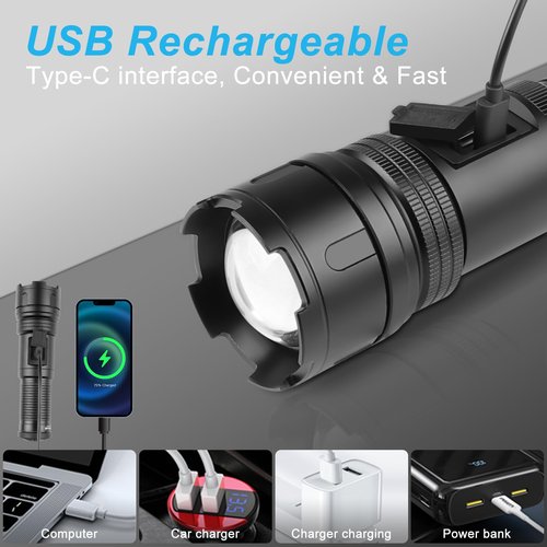 PINSAI Super Bright Rechargeable Large Flashlights, 2 in 1 Flash Light Lantern High Lumens, LED Zoomable Tactical Flashlights, Waterproof Multifunction Red Camping Light for Emergencies, Outdoor